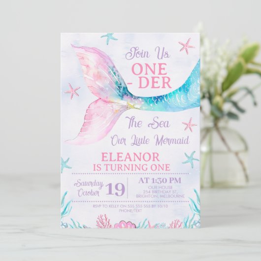 水彩ピンクマーメイドオンダーザシー誕生日 招待状 (スタンド正面)