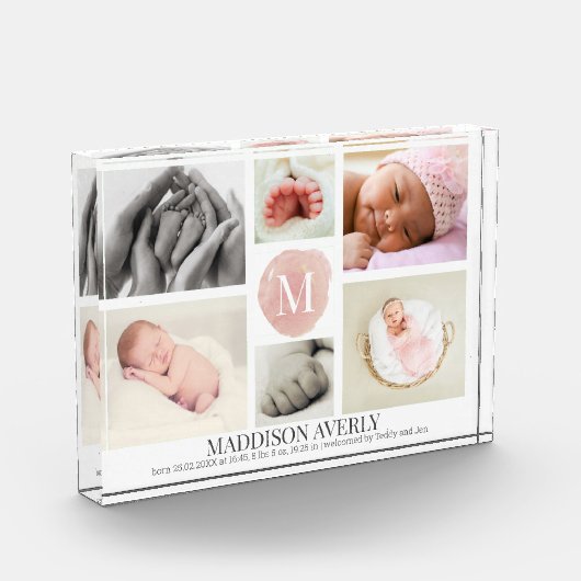 水彩ピンクモノグラムコラージュガール誕生 フォトブロック (左)