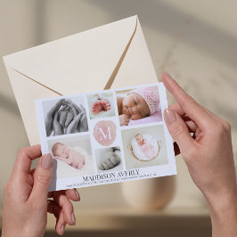 水彩ピンクモノグラムフォトコラージュガール誕生 案内状