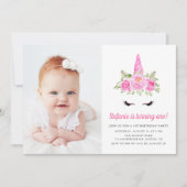 水彩ピンクユニコーンフローラ1stバースデーフォト 招待状 (正面)
