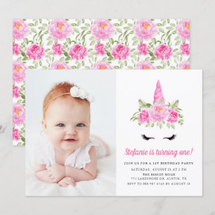 水彩ピンクユニコーンフローラ1stバースデーフォト 招待状