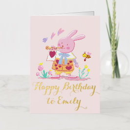 水彩ピンクラビットズ誕生日交響曲 箔グリーティングカード