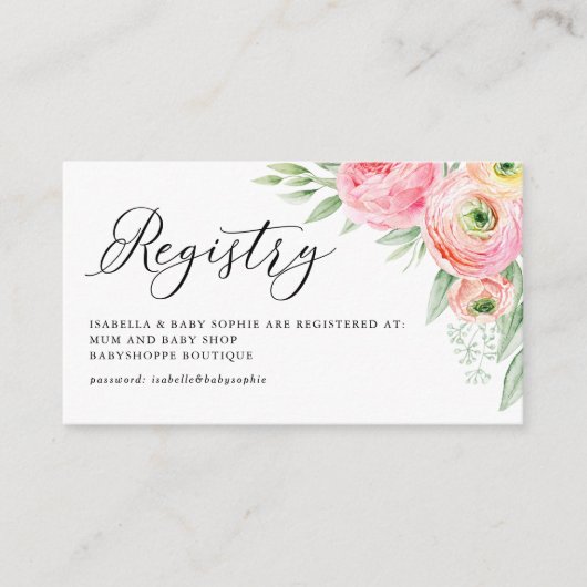 水彩ピンクランナキュラス赤ちゃんシャワー登録 エンクロージャーカード (正面)