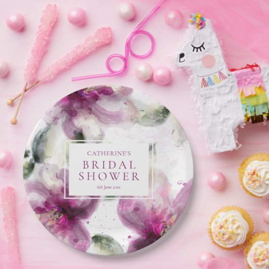 水彩ピンクリリーの花のプリンセスシャワー ペーパープレート (パーティー)