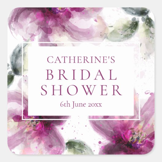 水彩ピンクリリー フラワーブライダルシャワー スクエアシール (正面)