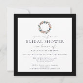 水彩ピンクリースブラック縁どブライダルシャワー 招待状 (正面)