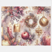 水彩ピンクレッドクリスマスモチーフ フリースブランケット (正面(横))