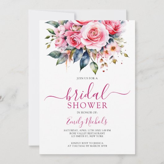 水彩ピンクレッドローゼスフローラブーケスウィート16 招待状 (正面)