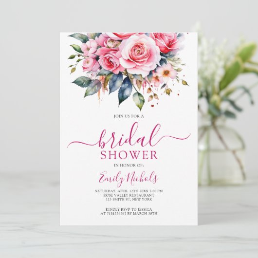 水彩ピンクレッドローゼスフローラブーケスウィート16 招待状 (スタンド正面)