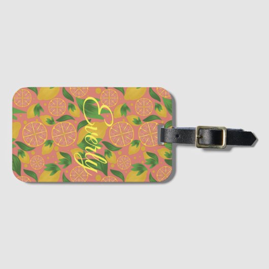 水彩ピンクレモンフルーツパーソナライズされた ラゲッジタグ (正面横)