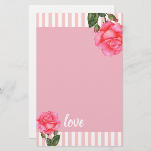 水彩ピンクローズアートフローラストライプズ 便箋 (正面/裏面)