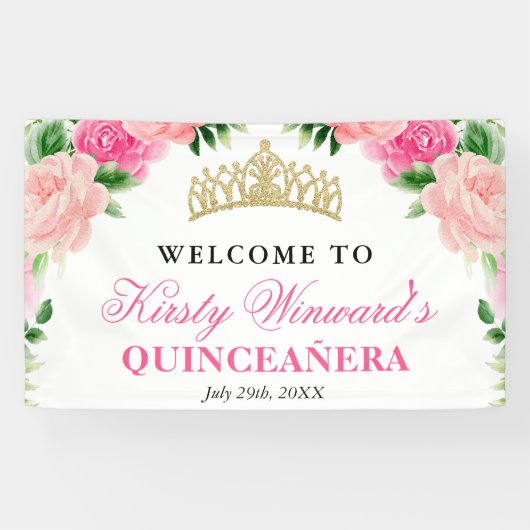 水彩ピンクローズウェルカムキンセアニェラ 横断幕 (横)