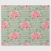 水彩ピンクローズオングリーングリッターストライプズ ラッピングペーパー (フラット)