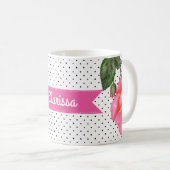 水彩ピンクローズオン白黒水玉模様 コーヒーマグカップ (正面右)