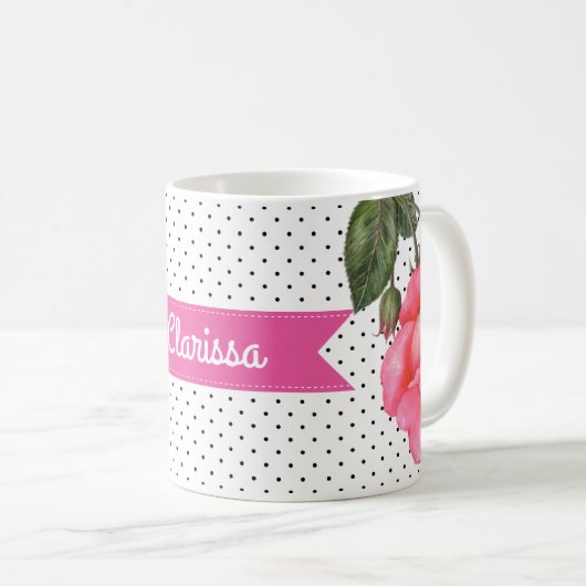 水彩ピンクローズオン白黒水玉模様 コーヒーマグカップ (正面右)
