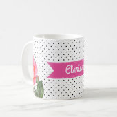水彩ピンクローズオン白黒水玉模様 コーヒーマグカップ (正面左)