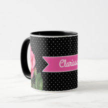 水彩ピンクローズオン白黒水玉模様