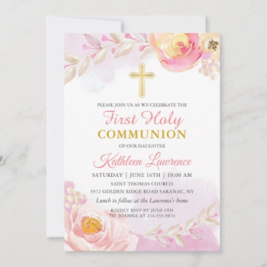 水彩ピンクローズガーデンファースト聖餐式 招待状 (正面)