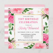 水彩ピンクローズサマーフラワーズ誕生日 招待状 (正面/裏面)