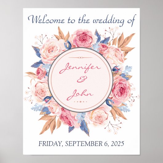 水彩ピンクローズシック結婚ズウェルカム ポスター (正面)
