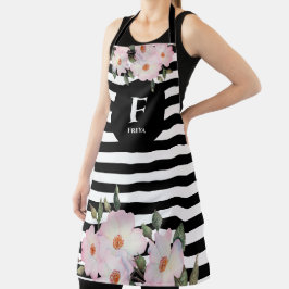 水彩ピンクローズバレリナモノグラムストライプズ エプロン