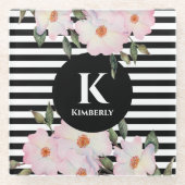 水彩ピンクローズバレリーナストライプモノグラム ガラスコースター (正面)