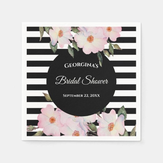 水彩ピンクローズバレリーナストライプモノグラム スタンダードカクテルナプキン (正面)