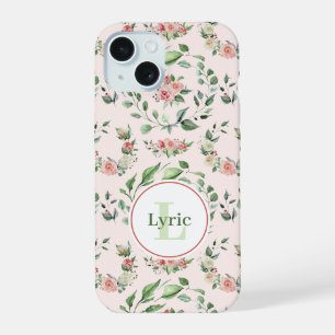 水彩ピンクローズパーソナライズされた iPhone 15ケース