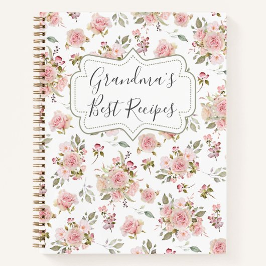 水彩ピンクローズフラワーズフローラおばあちゃんレシピ ノートブック (正面)