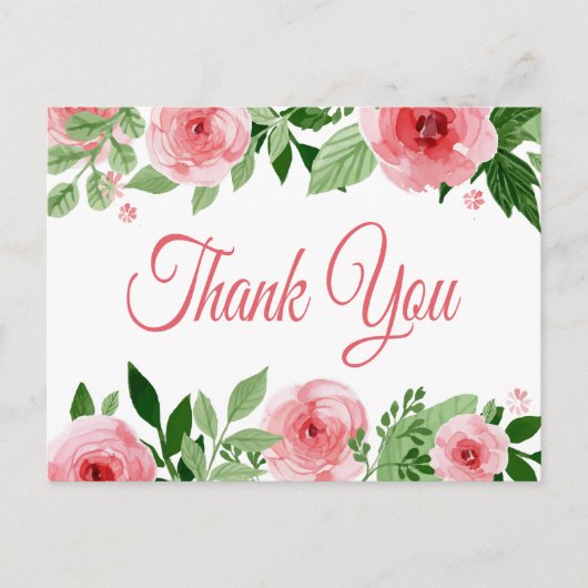 水彩ピンクローズフローラありがとう ポストカード (正面)