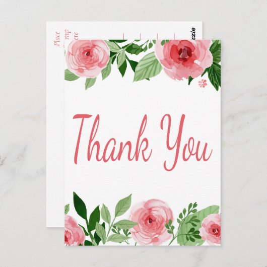 水彩ピンクローズフローラありがとう ポストカード (正面/裏面)