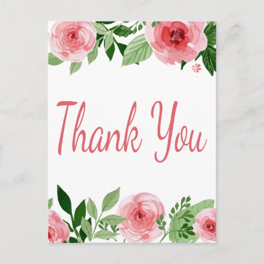 水彩ピンクローズフローラありがとう ポストカード (正面)