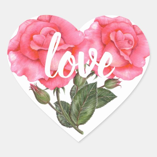 水彩ピンクローズフローライラストレーションラブ ハートシール (正面)