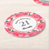 水彩ピンクローズフローラルパターンイラストレーション ラウンドペーパーコースター (アングル)