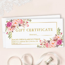 水彩ピンクローズフローラ金ゴールドギフト証明書