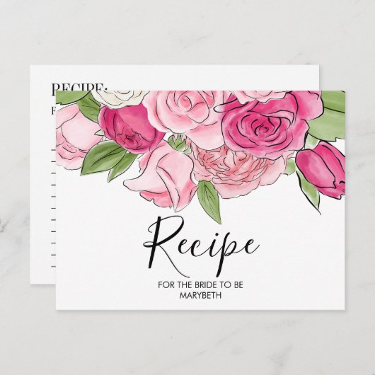 水彩ピンクローズブライダルシャワーレシピカード ポストカード (正面/裏面)