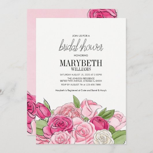 水彩ピンクローズブライダルシャワー招待 招待状 (正面/裏面)