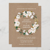 水彩ピンクローズホワイトマグノリアスリースクラフト 招待状 (正面/裏面)