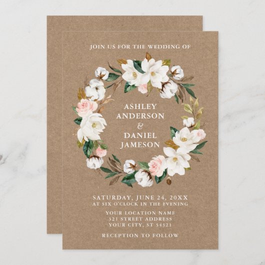 水彩ピンクローズホワイトマグノリアスリースクラフト 招待状 (正面/裏面)