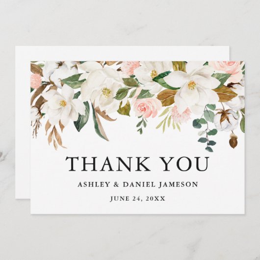 水彩ピンクローズホワイトマグノリア結婚ス サンキューカード (正面/裏面)