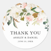 水彩ピンクローズホワイトマグノリア結婚ス ラウンドシール (正面)