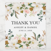 水彩ピンクローズホワイトマグノリア結婚ス ワインラベル (シングルラベル)