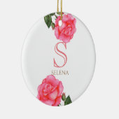 水彩ピンクローズボタニカルフローラアートモノグラム セラミックオーナメント (右)