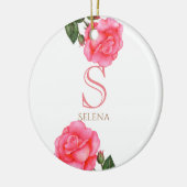 水彩ピンクローズボタニカルフローラアートモノグラム セラミックオーナメント (左)