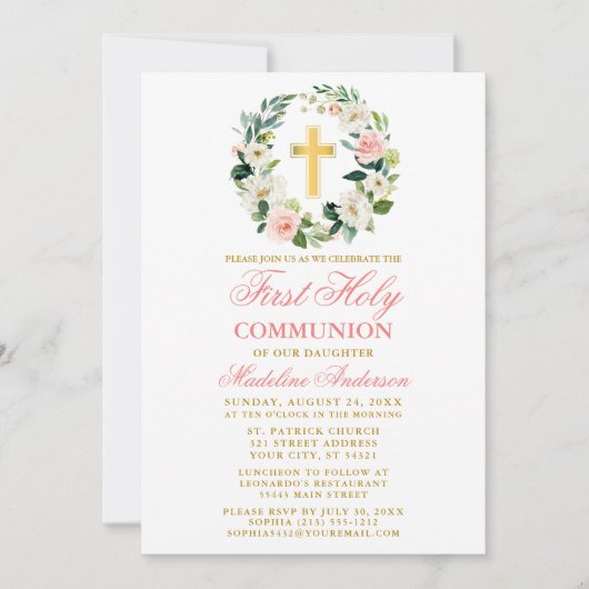 水彩ピンクローズリースファーストコミューニオン金ゴールド 招待状 (正面)