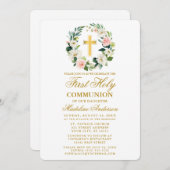 水彩ピンクローズリース金ゴールドファーストコミューニオン 招待状 (正面/裏面)