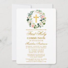 水彩ピンクローズリース金ゴールドファーストコミューニオン 招待状