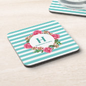 水彩ピンクローズレッドホワイトペチュニアスモノグラム コースター (左側)