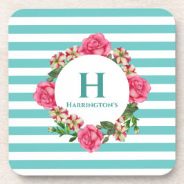 水彩ピンクローズレッドホワイトペチュニアスモノグラム コースター