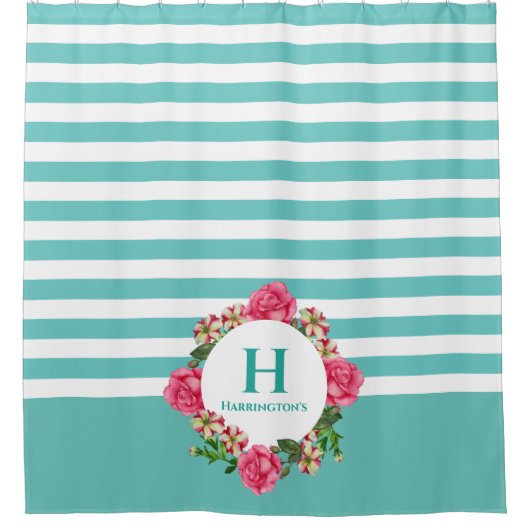 水彩ピンクローズレッドホワイトペチュニアスモノグラム シャワーカーテン (正面)